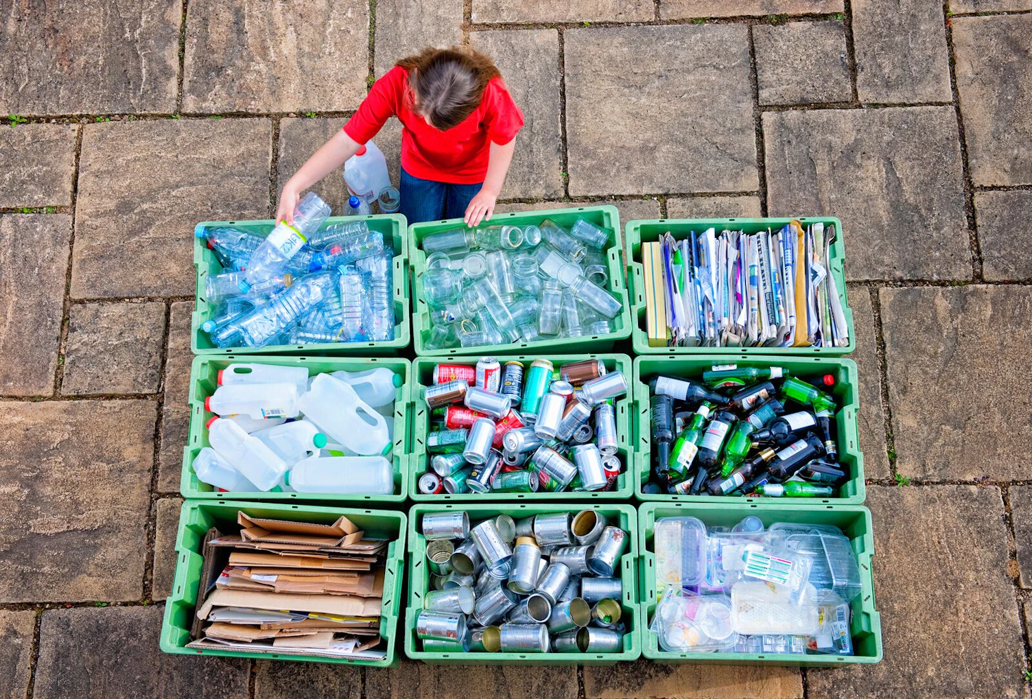 Girl organizing recycling bins
