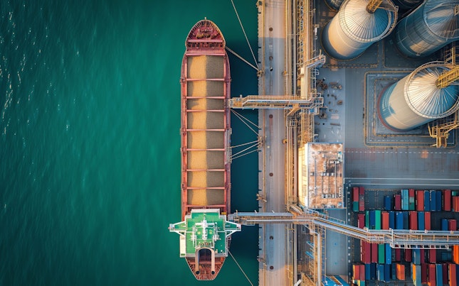 Aerial View of a Cargo Ship Being Loaded with Grain