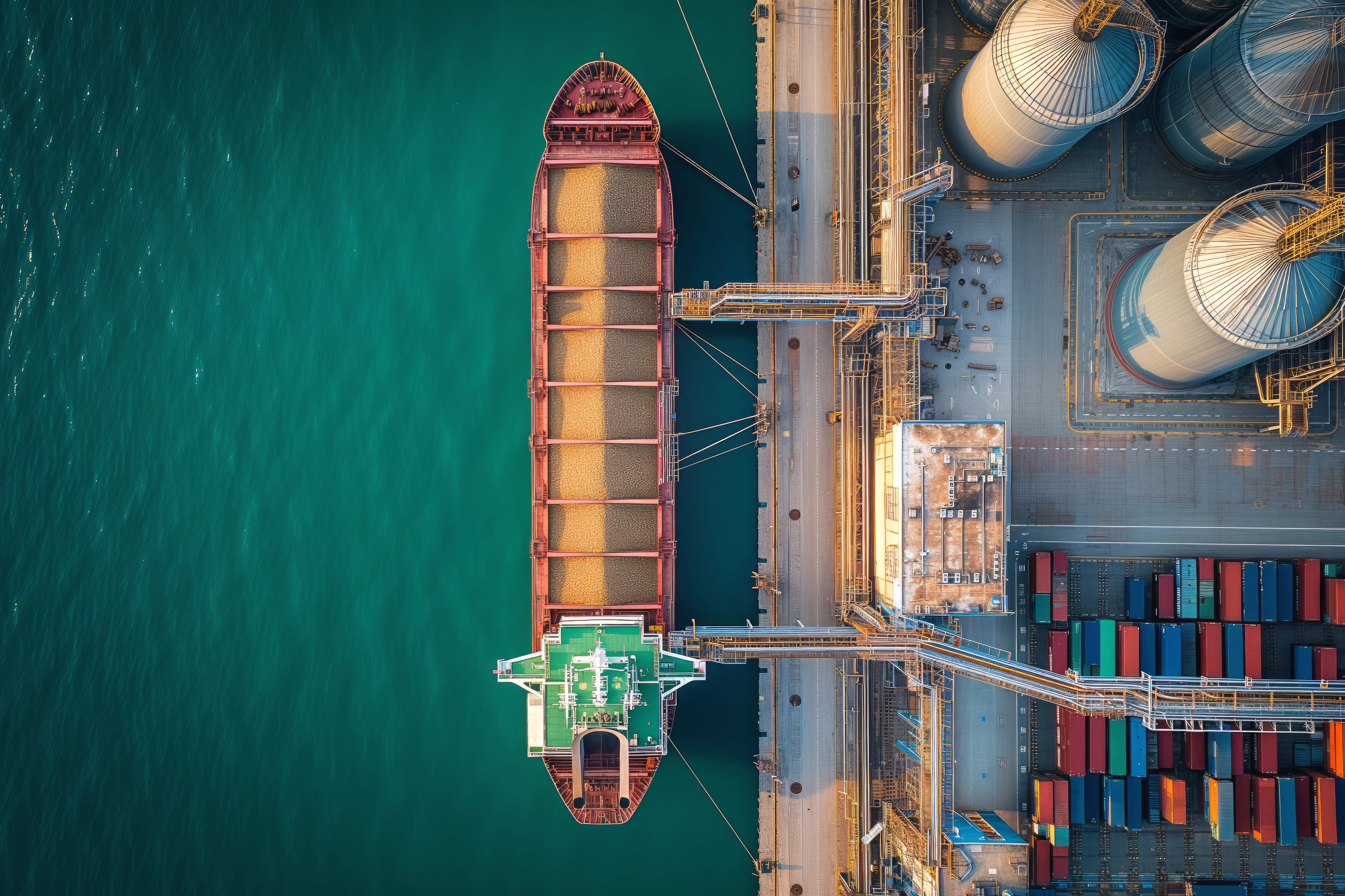 Aerial View of a Cargo Ship Being Loaded with Grain