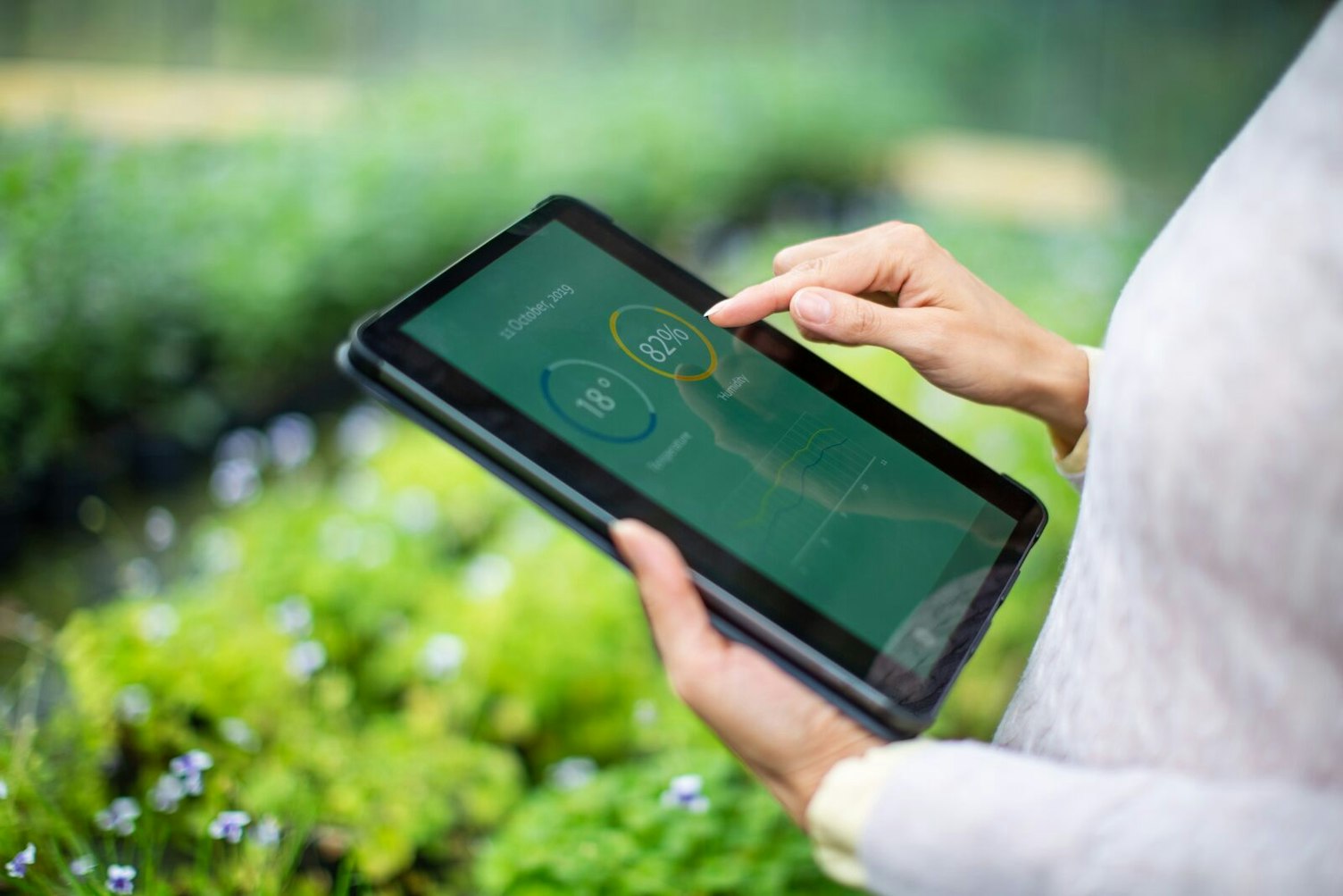 초점이 없는 온실에서 측정 시스템이 있는 디지털 태블릿을 사용하는 농업 과학자