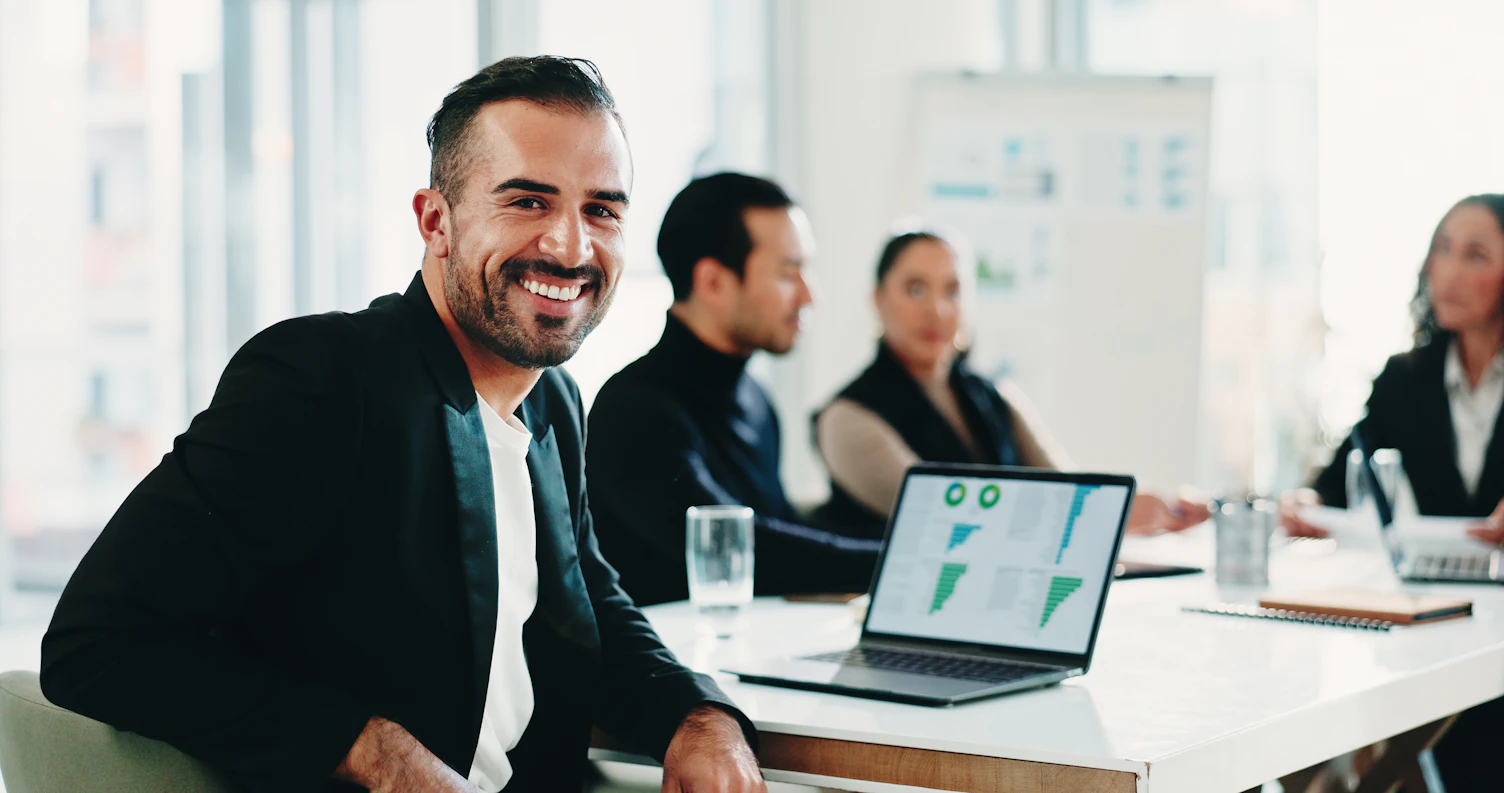 Business Laptop Screen and Portrait of Happy Man in Financial Office For Meeting