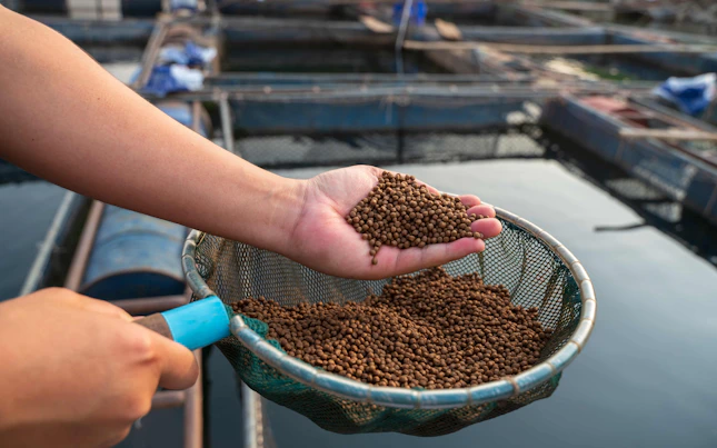 Fish Feed in a Hand at Fish Farm
