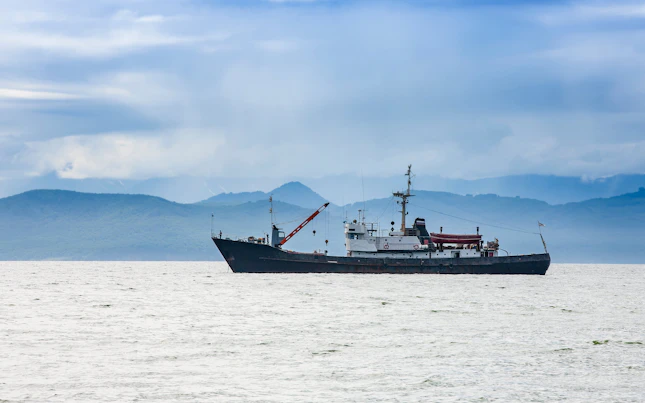 Fishing Vessel on the Background of Hills and Volcanoes