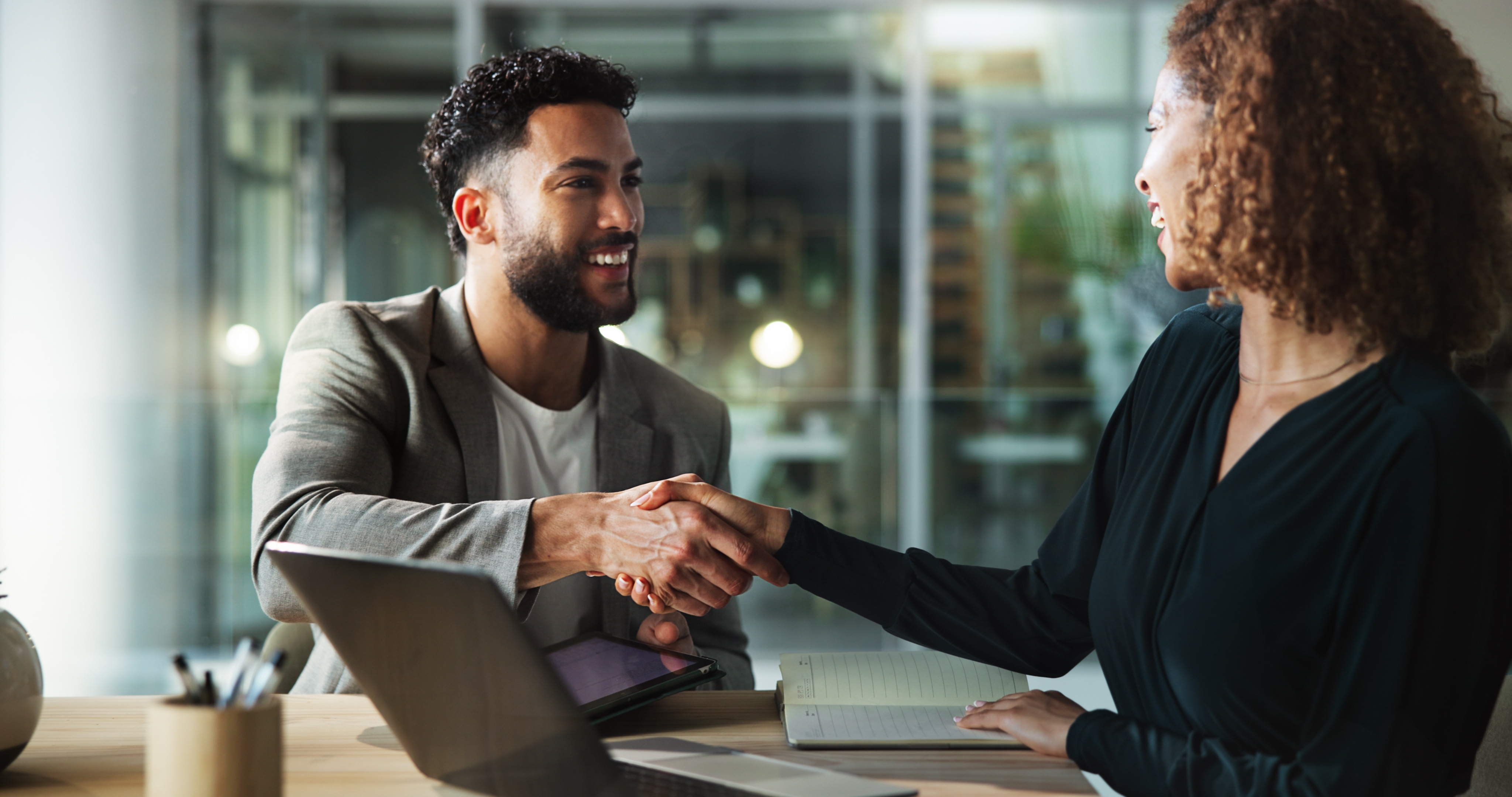 People smile and handshake in office for business company welcome and deal at tech Happy man woman a