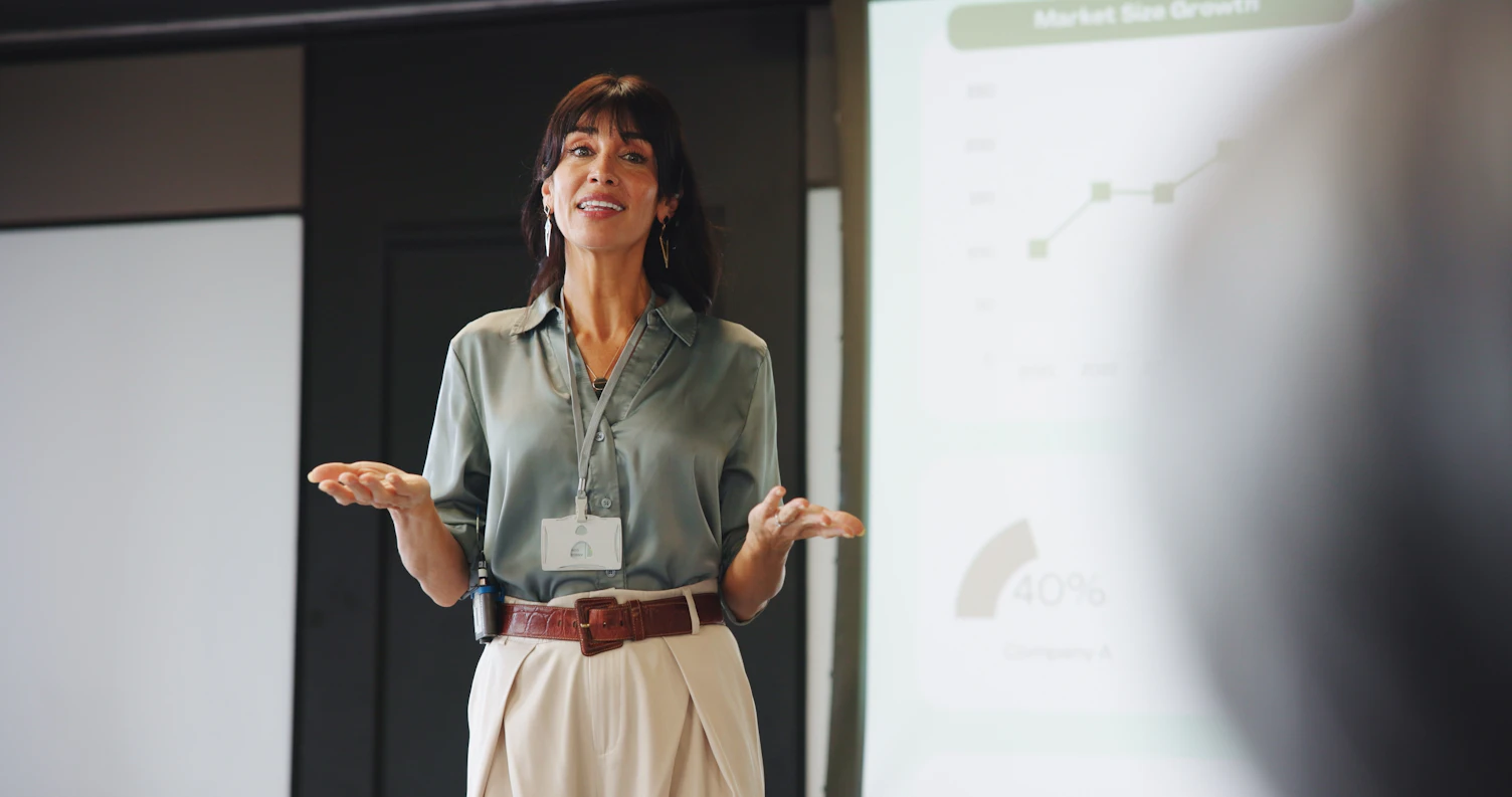 Presentation meeting and businesswoman in office for planning with training for finance report Discu