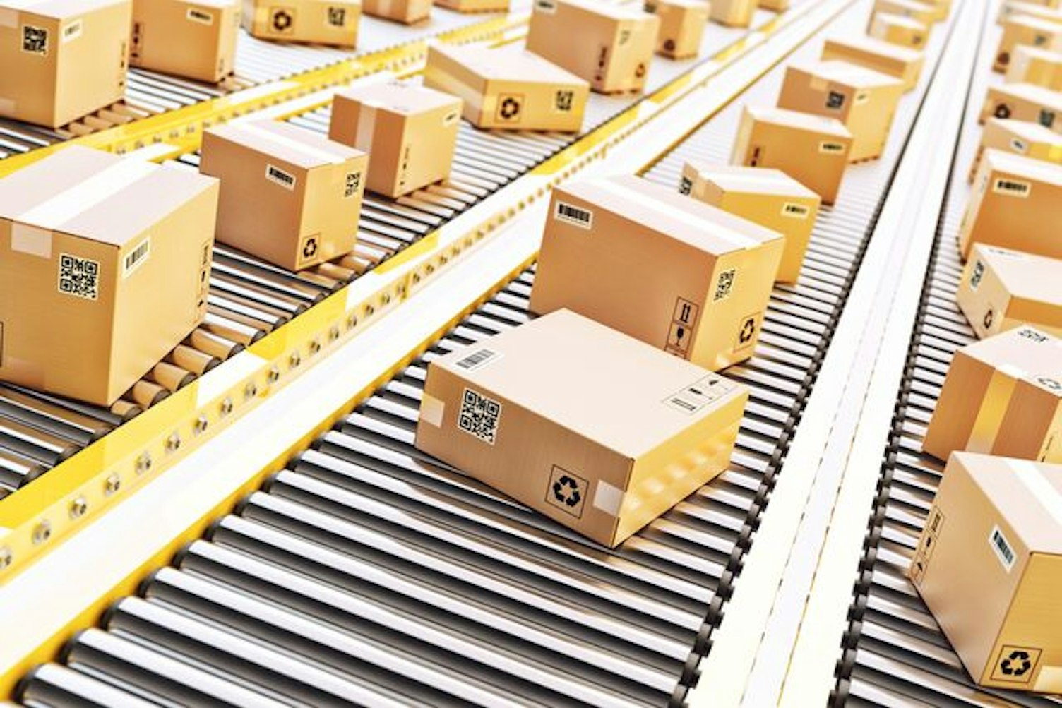small-Cardboard Boxes on a Conveyor Line in Distribution Warehouse