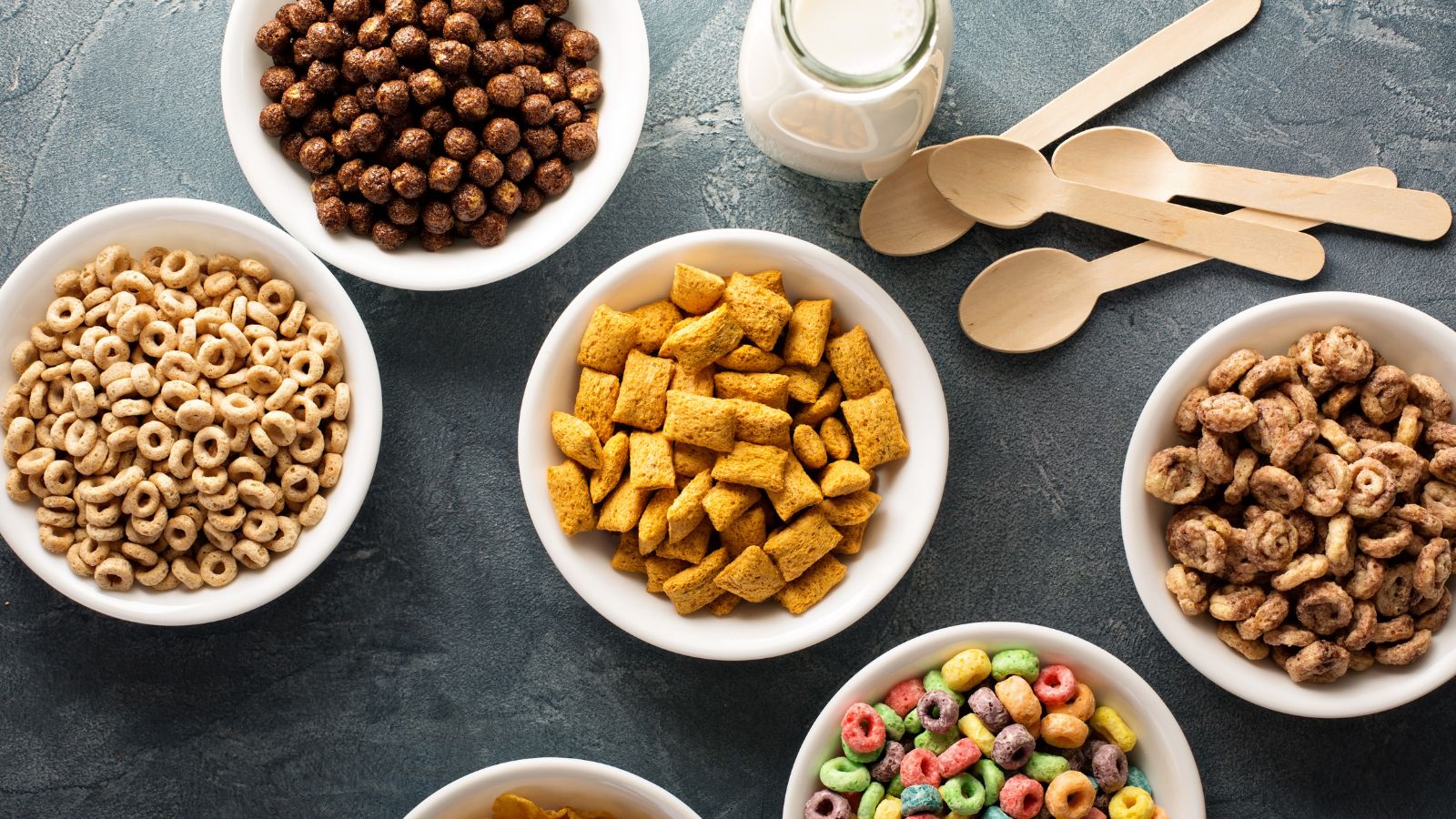 Variety of Cold Cereals in White Bowls