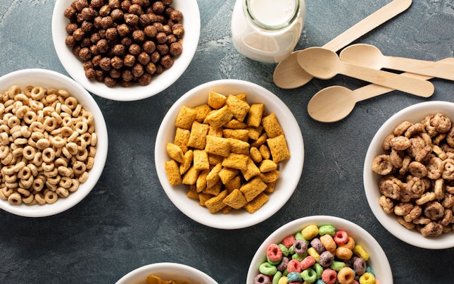 Variety of Cold Cereals in White Bowls