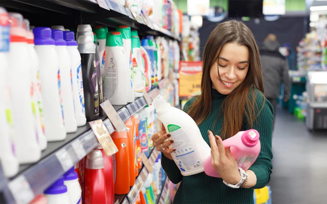 Une femme examine des produits lessiviels