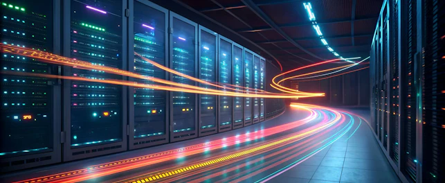 Data center server racks with glowing light trails representing fast data transfer