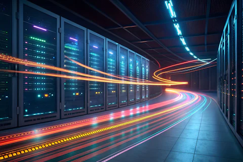 Data center server racks with glowing light trails representing fast data transfer