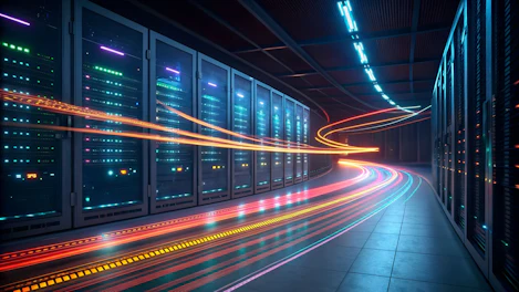 Data center server racks with glowing light trails representing fast data transfer