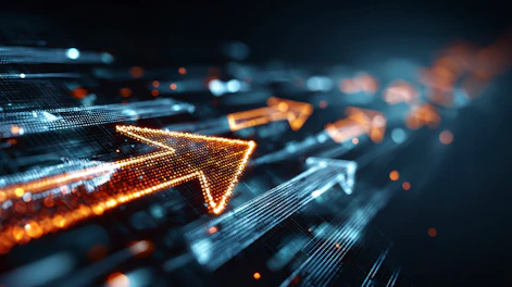 Digitized arrows in shades of blue and orange streak across a dark background