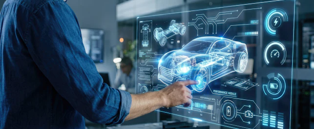 Engineer Interacting with Futuristic Holographic Car Design Interface