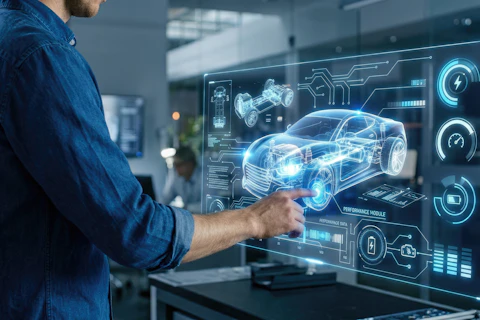 Engineer Interacting with Futuristic Holographic Car Design Interface