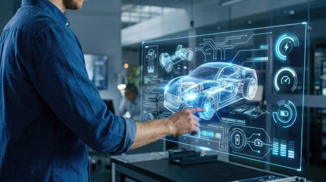 Engineer Interacting with Futuristic Holographic Car Design Interface