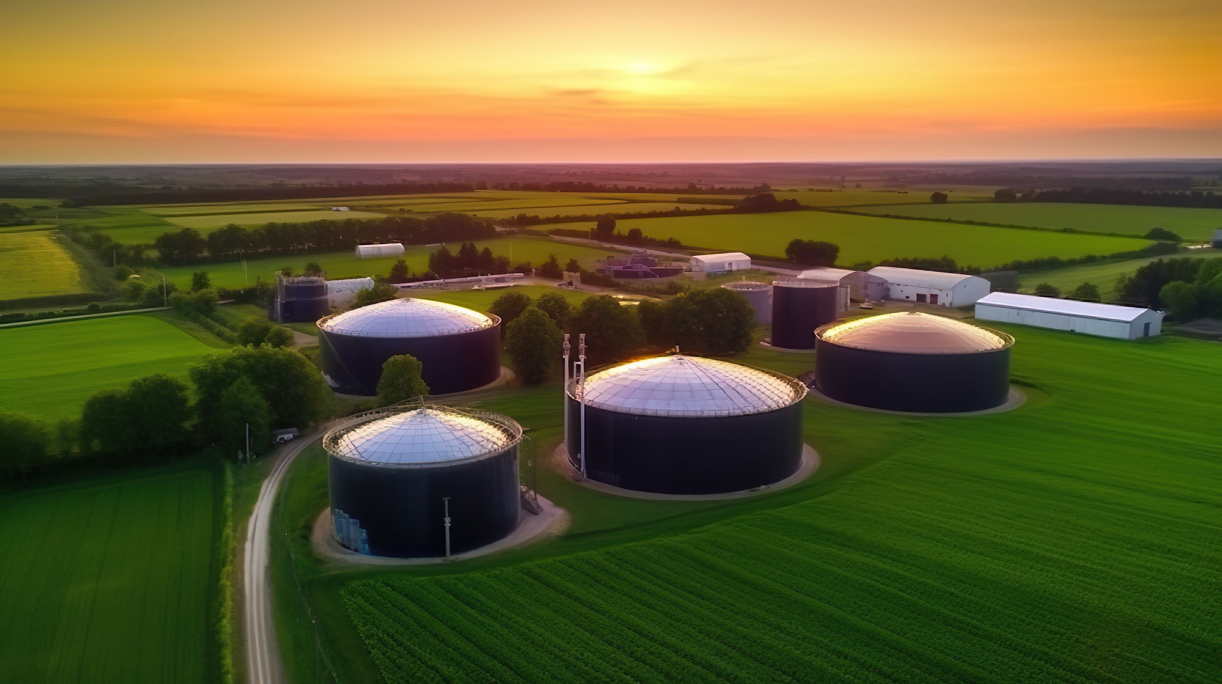Vue aérienne d'une usine de biogaz entourée de champs verts au coucher du soleil.
