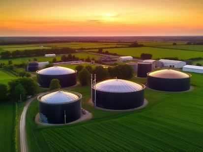 Vue aérienne d'une usine de biogaz et d'une ferme dans des champs verts Vue aérienne d'une usine de biogaz entourée de champs verts au coucher du soleil.