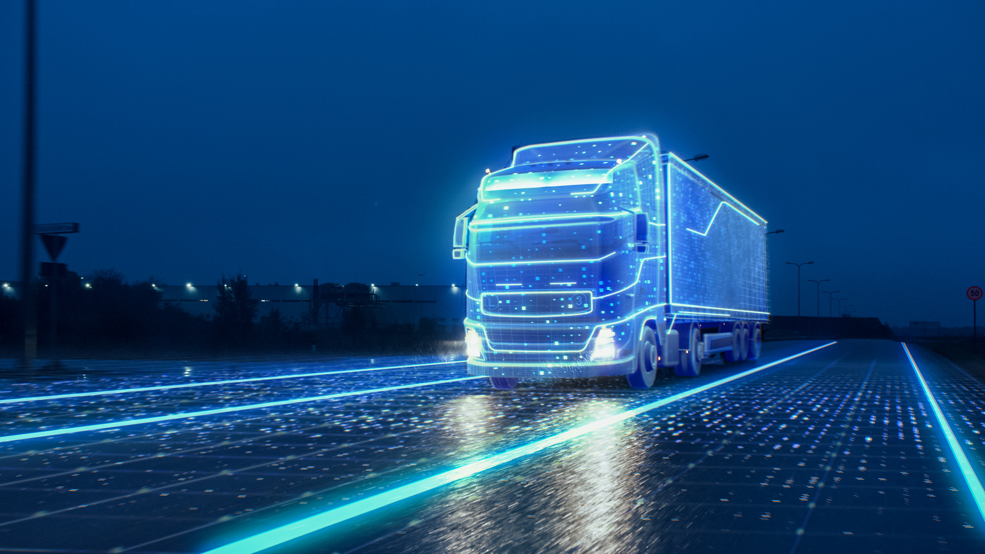 Futuristic Technology Concept Autonomous Semi Truck with Cargo Trailer Drives at Night on the Road with Sensors Scanning Surrounding