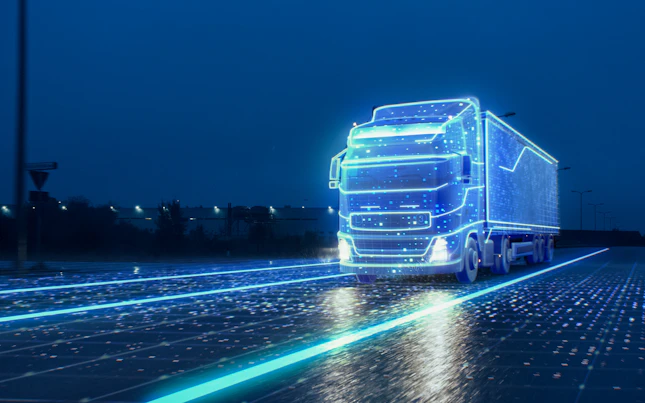 Futuristic Technology Concept Autonomous Semi Truck with Cargo Trailer Drives at Night on the Road with Sensors Scanning Surrounding