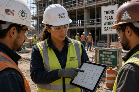 A construction safety inspector points to a floor plan on a tablet while discussing site requirements with two workers wearing hard hats, safety glasses, and high-visibility vests.