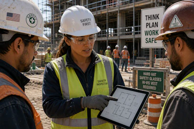 A construction safety inspector points to a floor plan on a tablet while discussing site requirements with two workers wearing hard hats, safety glasses, and high-visibility vests.