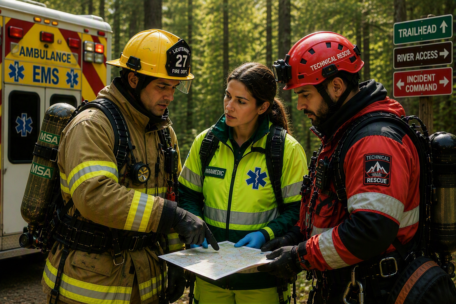 Three emergency responders wearing firefighter, paramedic, and technical rescue equipment review a map together in a wooded area near an emergency vehicle and directional signs.