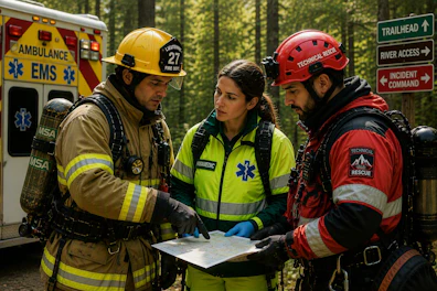 Three emergency responders wearing firefighter, paramedic, and technical rescue equipment review a map together in a wooded area near an emergency vehicle and directional signs.