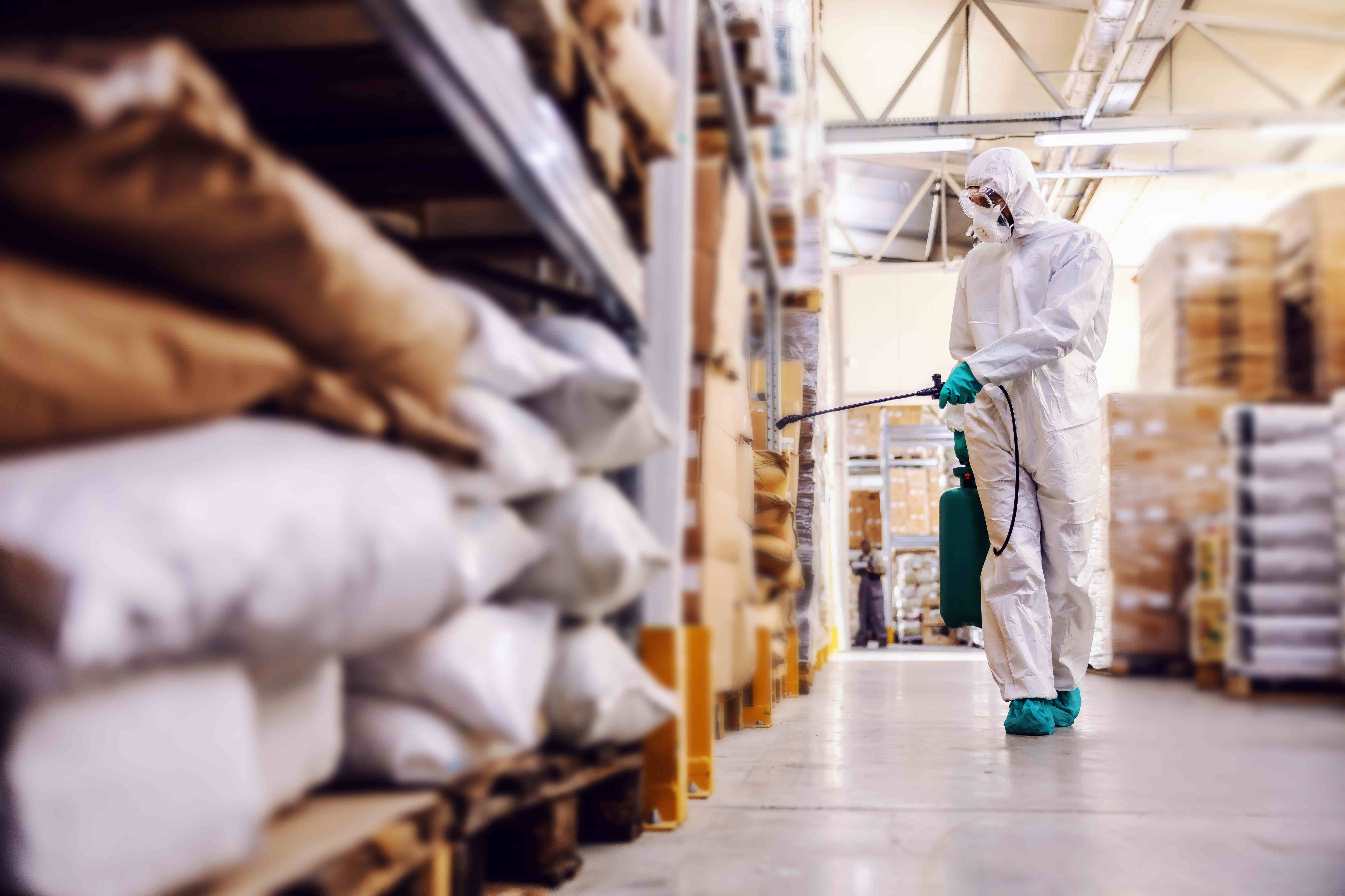 man in protective suit and mask disinfecting warehouse