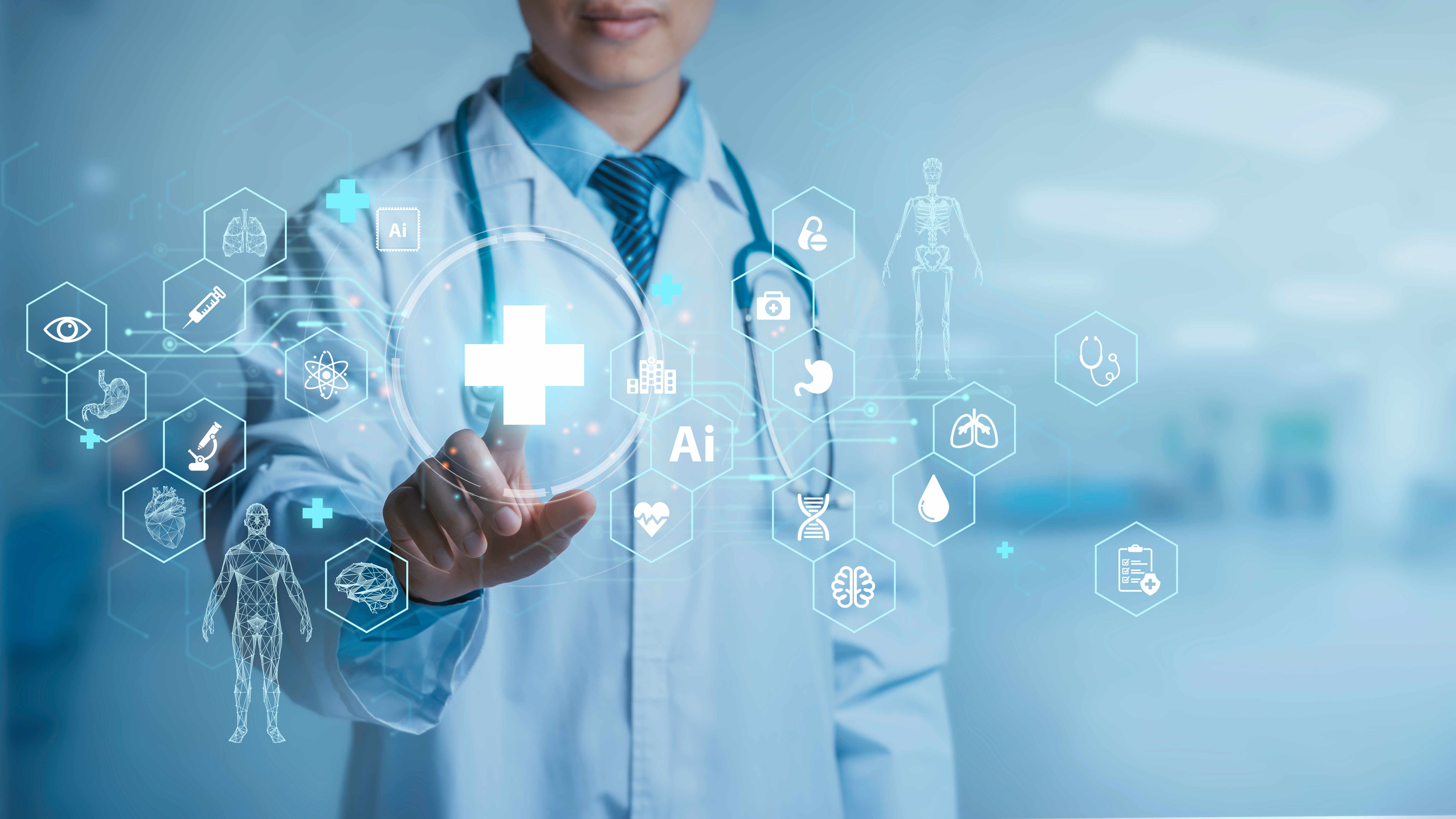 Doctor use Medical technology AI robots for diagnosis, care, and increasing the accuracy of patient treatment future. Medical research and development innovation technology to improve patient health.
