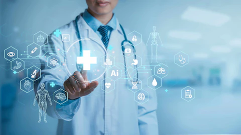 Doctor use Medical technology AI robots for diagnosis, care, and increasing the accuracy of patient treatment future. Medical research and development innovation technology to improve patient health.