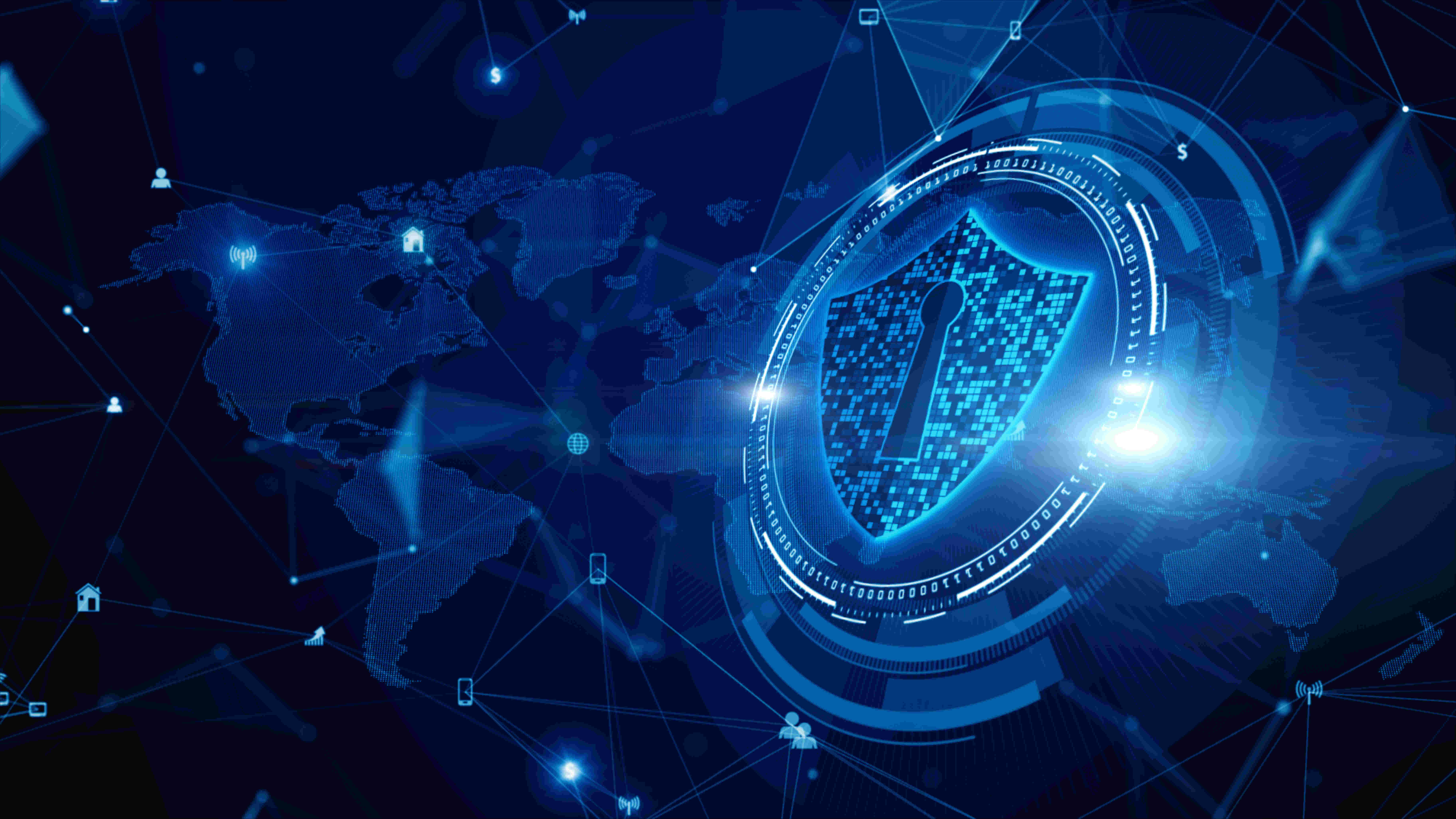 Digital cybersecurity shield with a keyhole over a connected global network map.