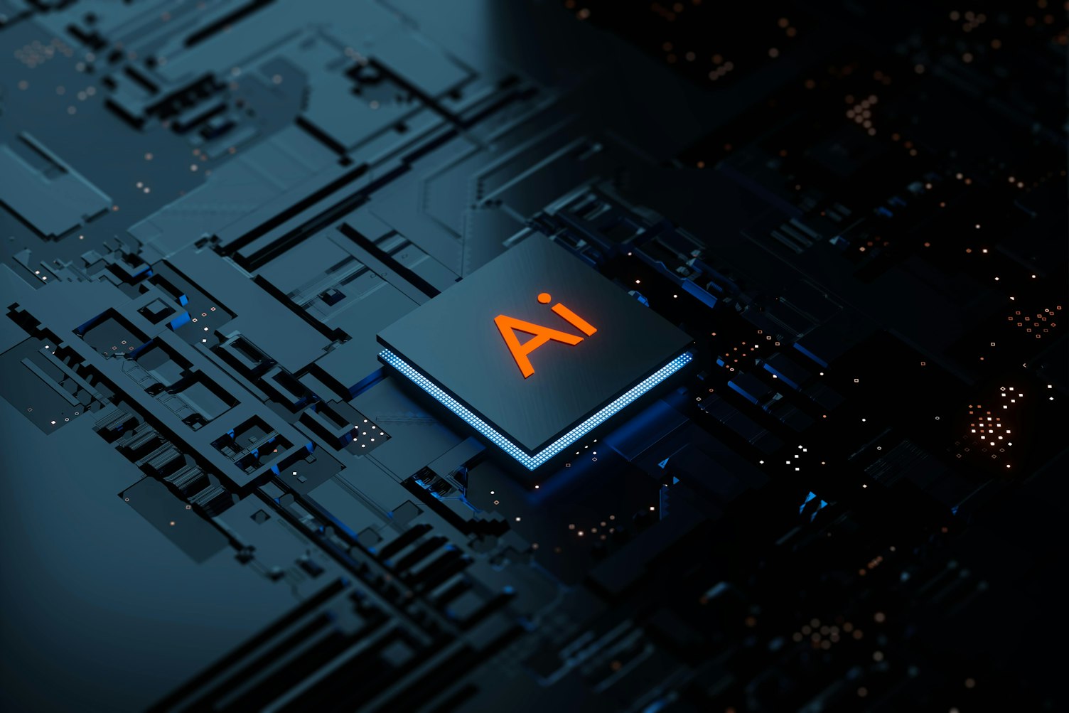 發光的 AI 人工智能技術晶片 CPU 在電路板上