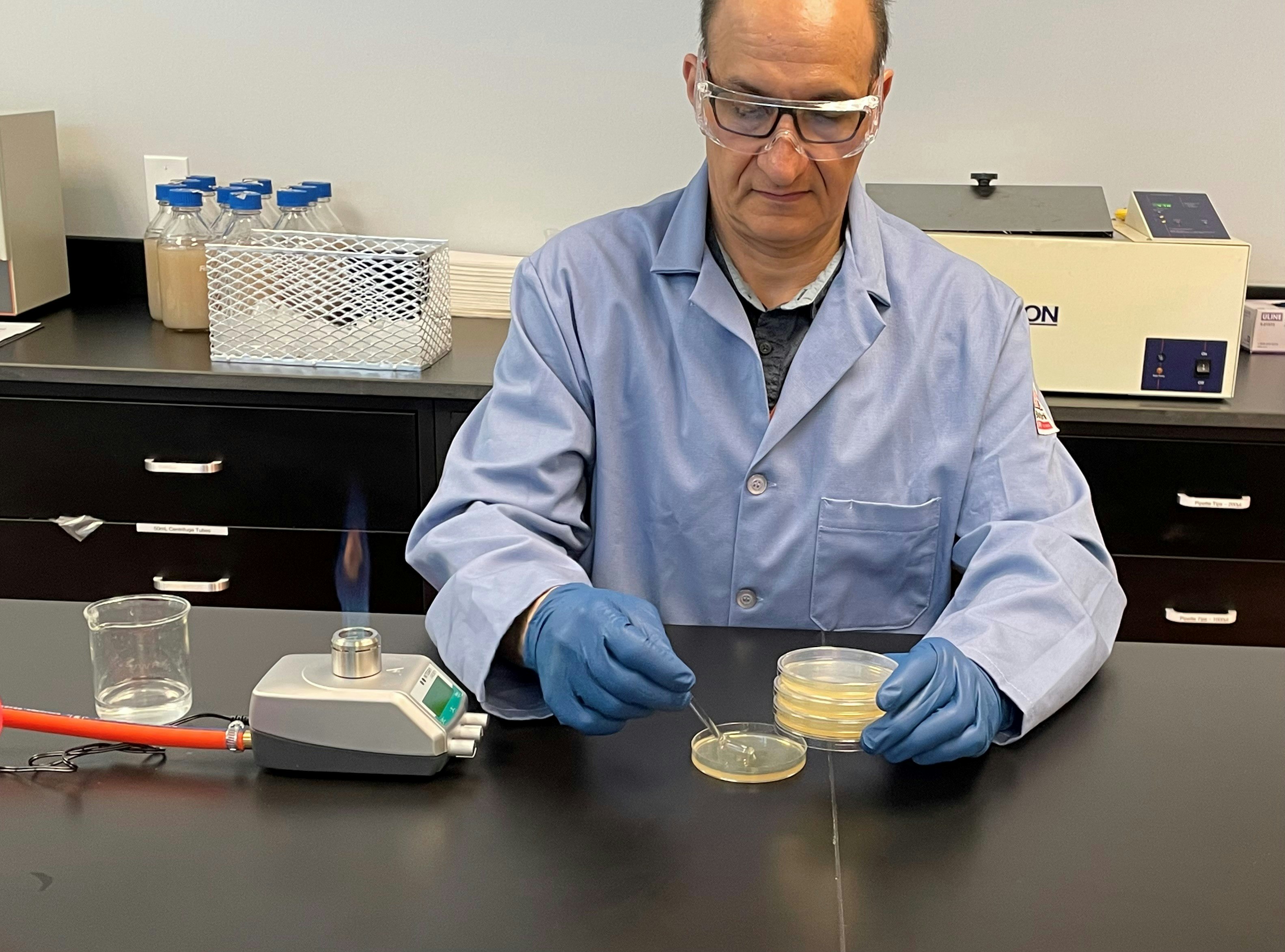 Scientist placing sample in a petri dish