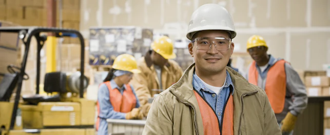 Worker wearing a safety helmet