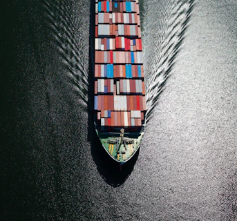 Aerial View of a Large Loaded Container Ship