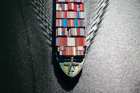 Aerial View of a Large Loaded Container Ship