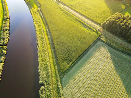 Aerial View of a River and Agriculture Fields