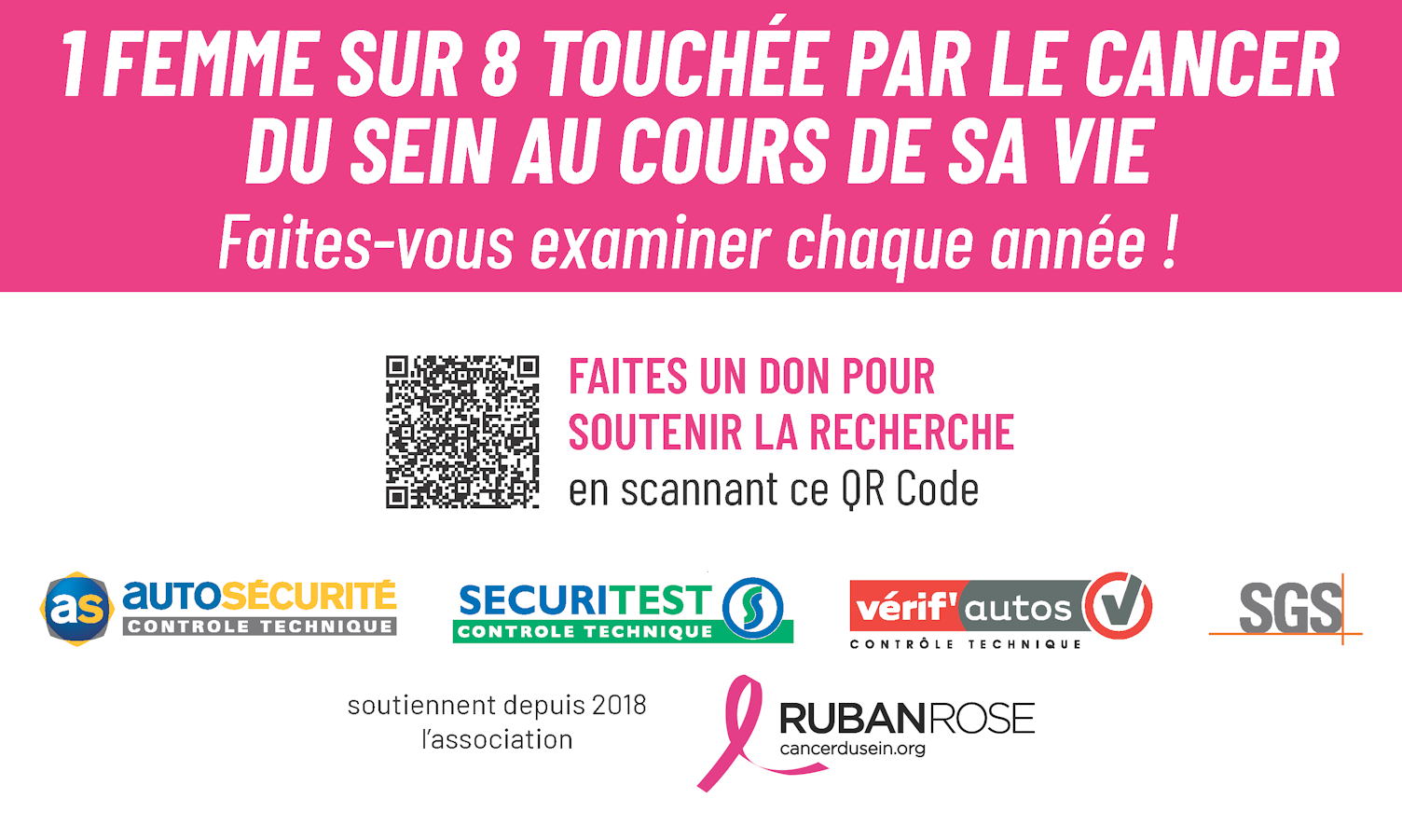 Annonce de sensibilisation au dépistage du cancer du sein avec un appel à faire un don pour la recherche, soutenu par plusieurs partenaires, incluant un QR code.