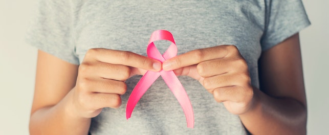 womaen hand holding pink ribbon breast cancer awareness. concept healthcare and medicine