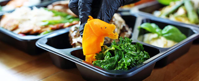 Préparation d’un repas sain dans une boîte alimentaire avec des gants de protection.
