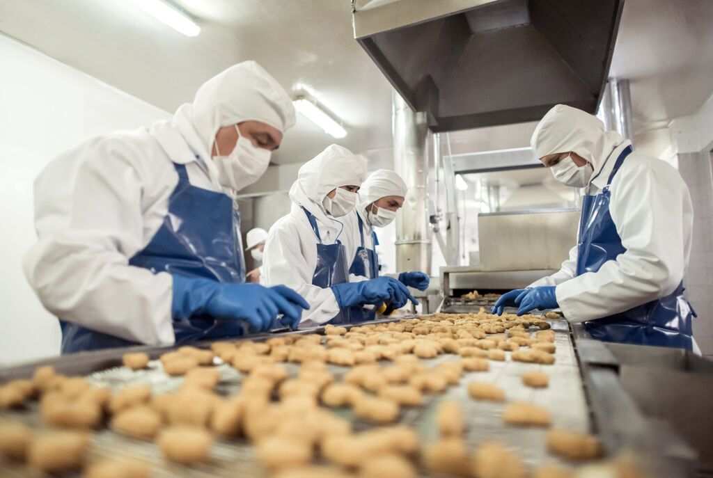 workers at food factory doing quality control on production line