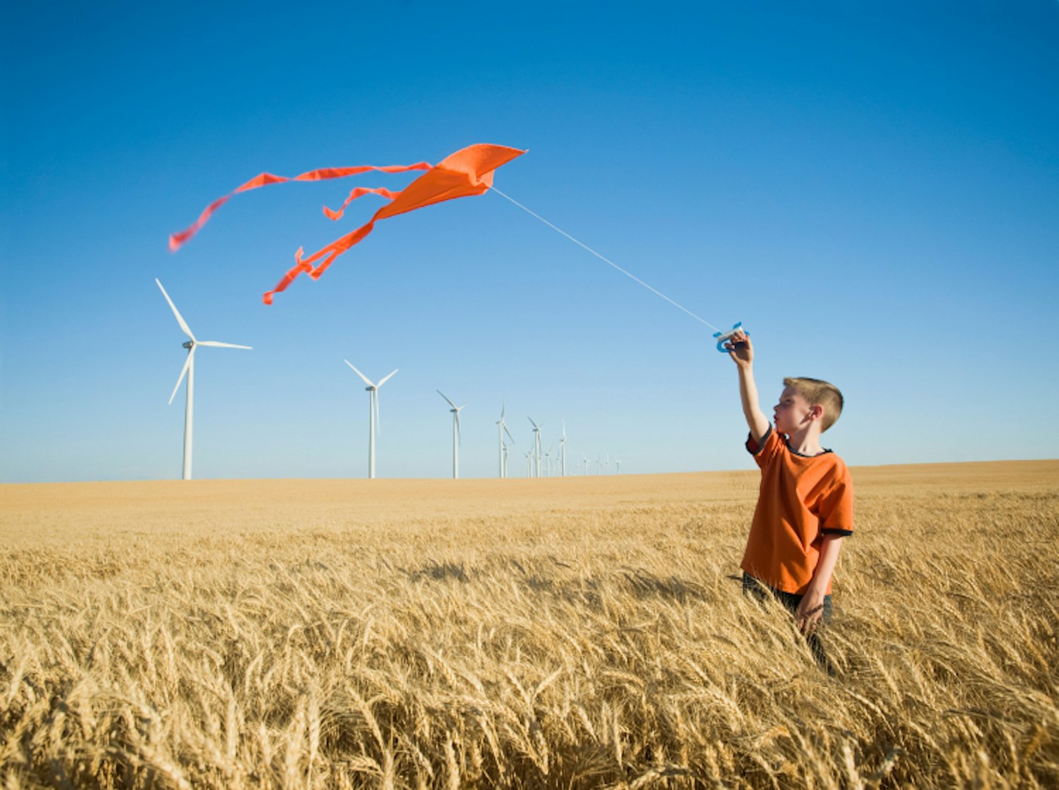 Boy Running with a Kite on Wind Farm