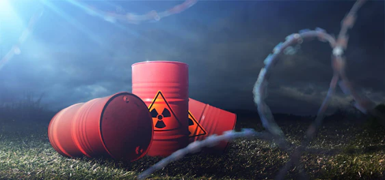 Barrels of toxins Chemical pollution Barbed wire