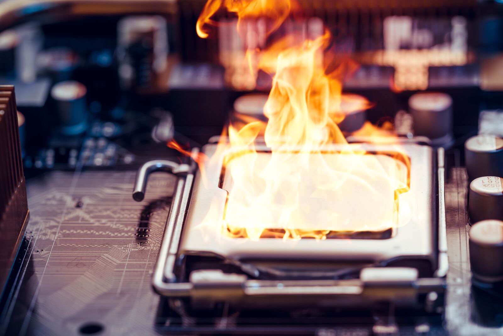 close up photo of computer chip on fire