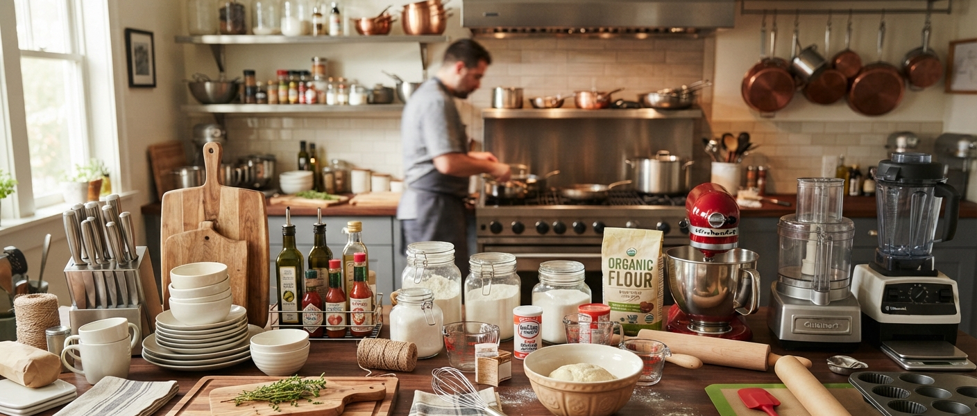 Cookware and Utensils on Kitchentop Table