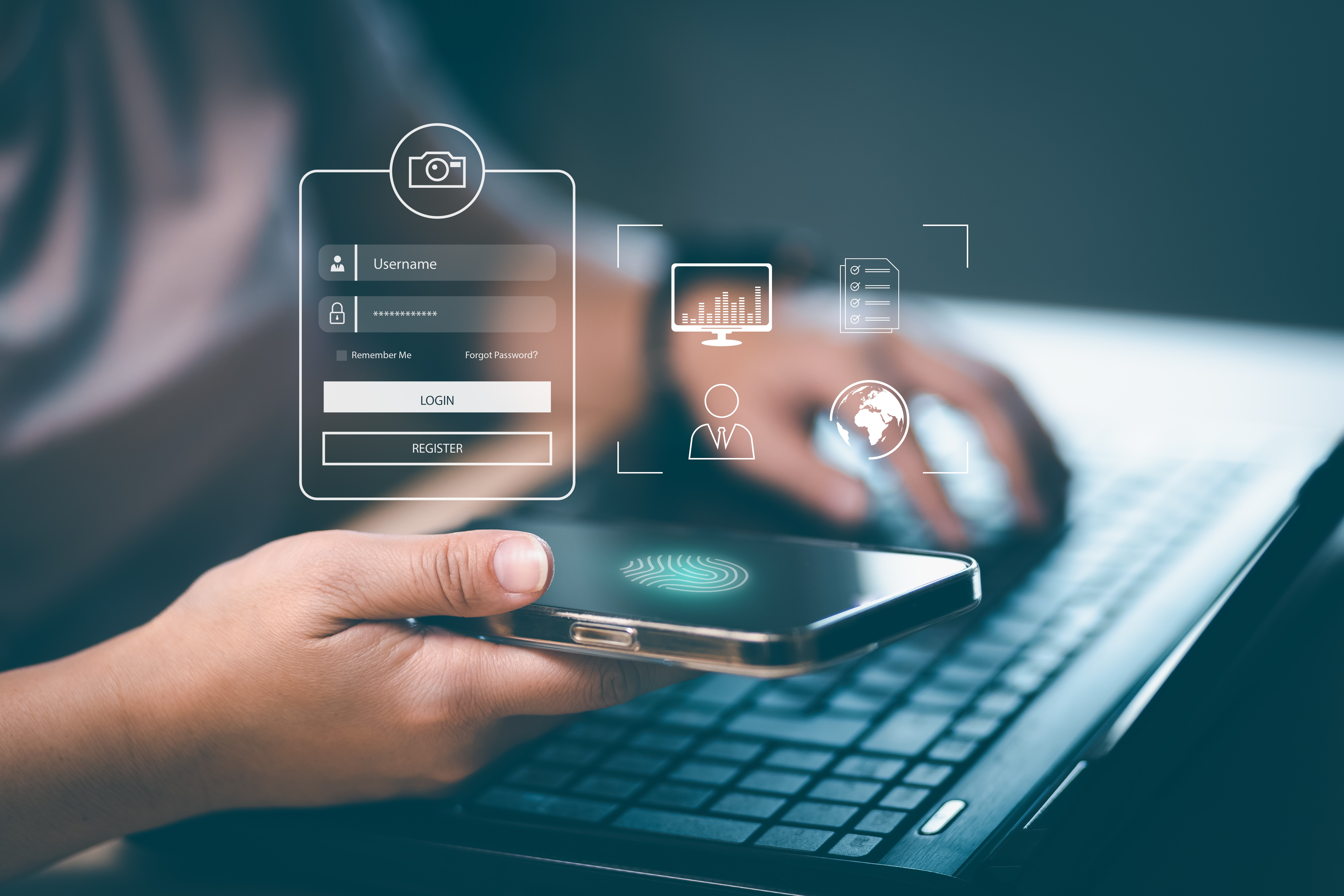Woman hold Smartphone with virtual global with cyber security