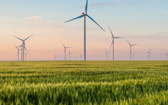 Group of Windmills for Electric Power Production in a Green Field of Wheat