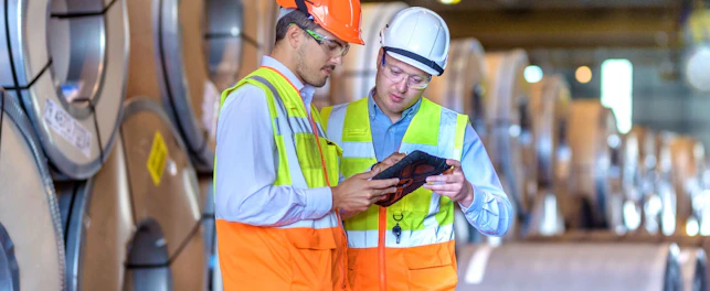 Workers using digital tablet by rows of sheet steel in storage at port