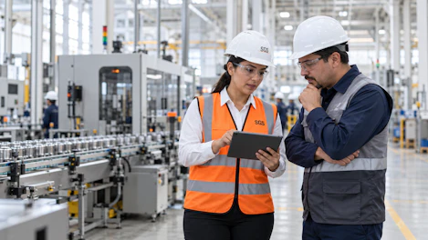 Auditora de calidad en planta moderna